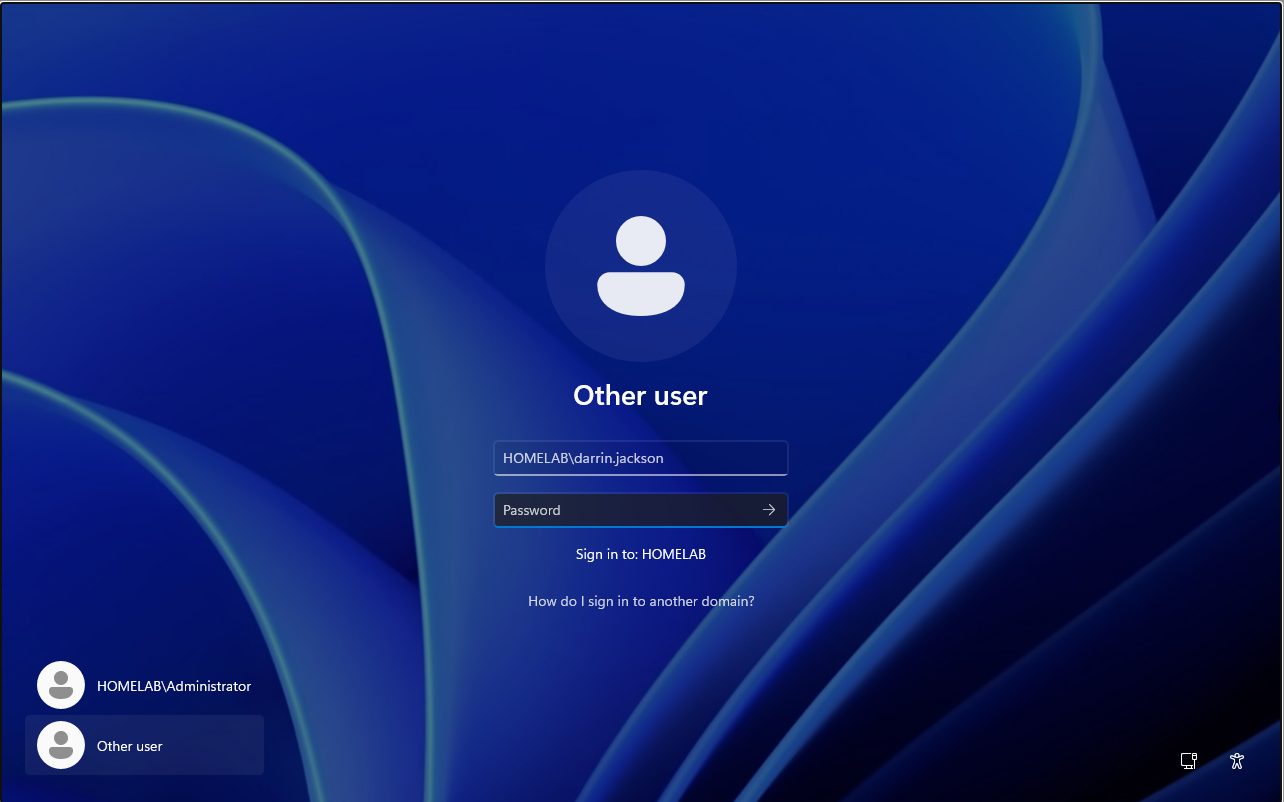 Windows sign-in screen using the newly provisioned HOMELAB domain account